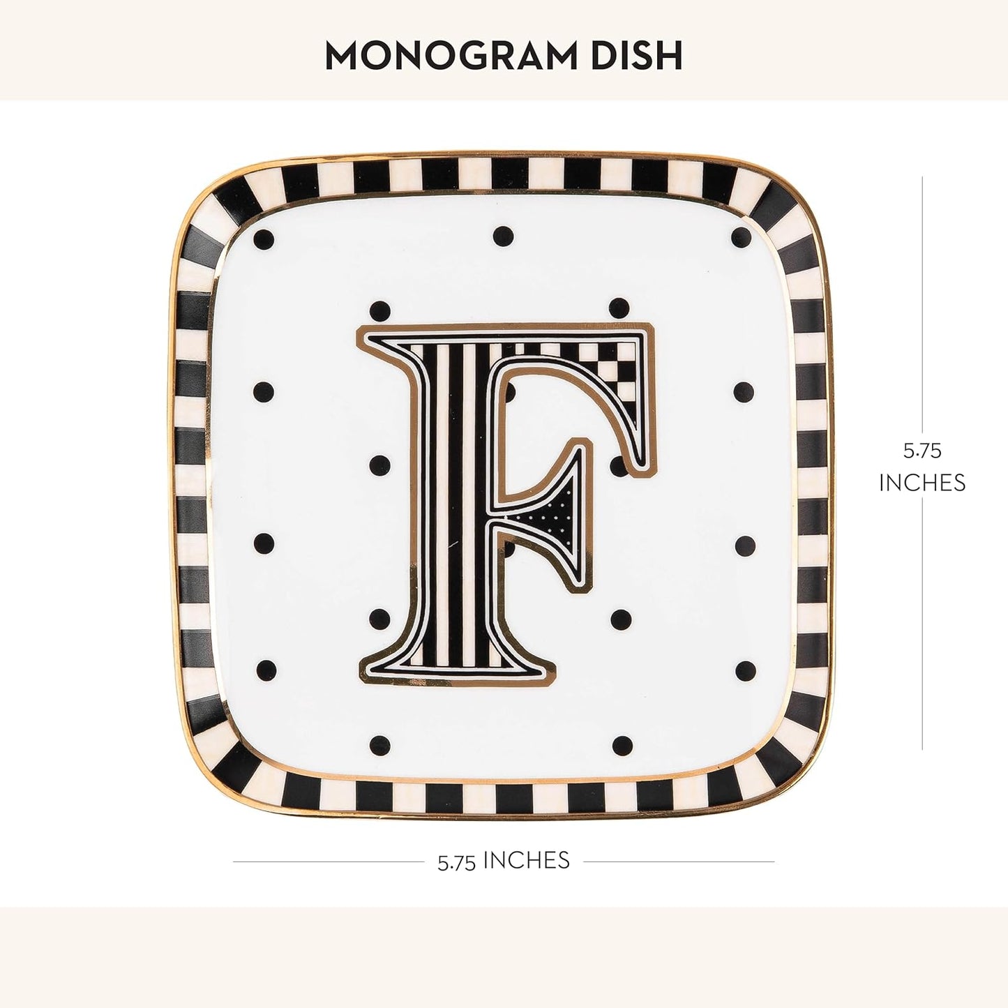 MACKENZIE-CHILDS Monogram Dish, Decorative Ceramic Letter Plate, 5 3/4" Square, F