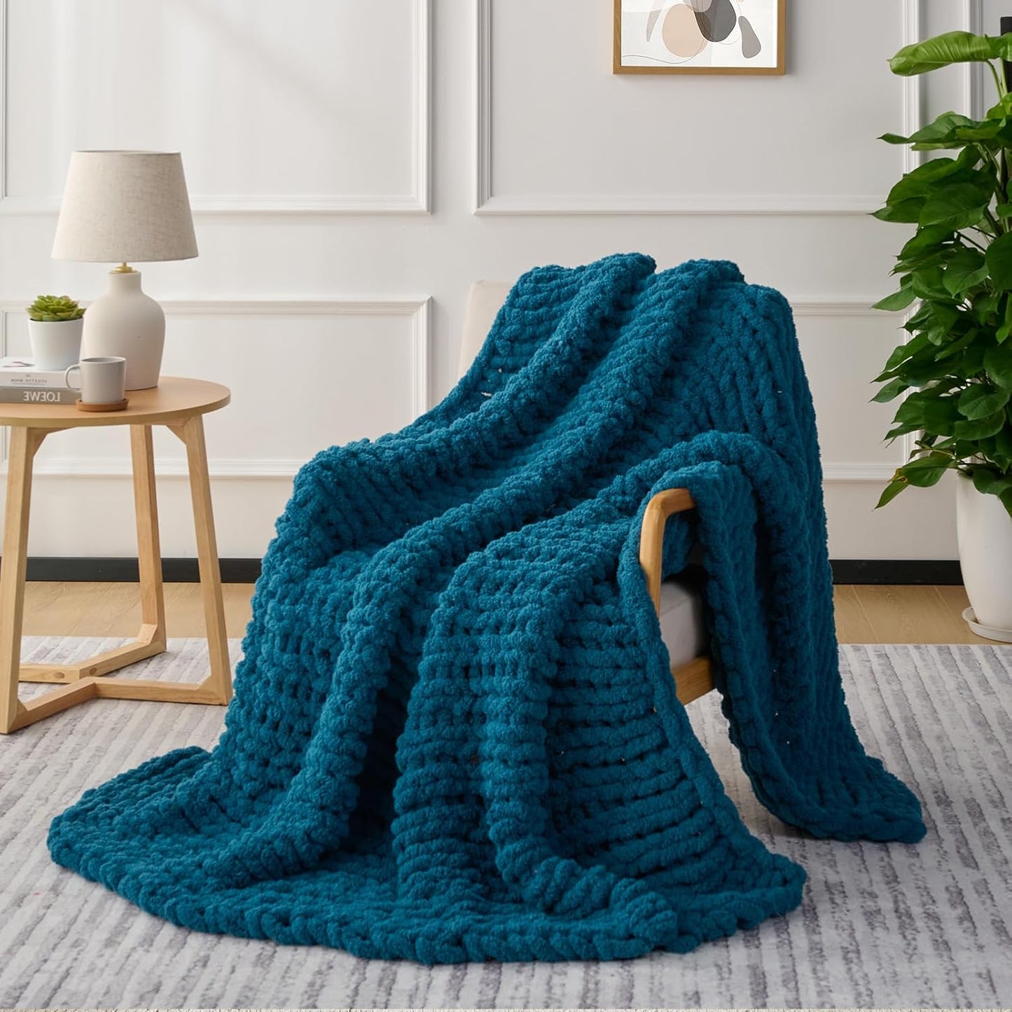 L'AGRATY Chunky Knit Blanket Throw: 80''x90'' Chenille Chunky Knitted Throw Blankets for Bed Couch - Handmade Thick Big Cable Knit Blanket - Large Crochet Rope Blankets for Home Decor(Blue)