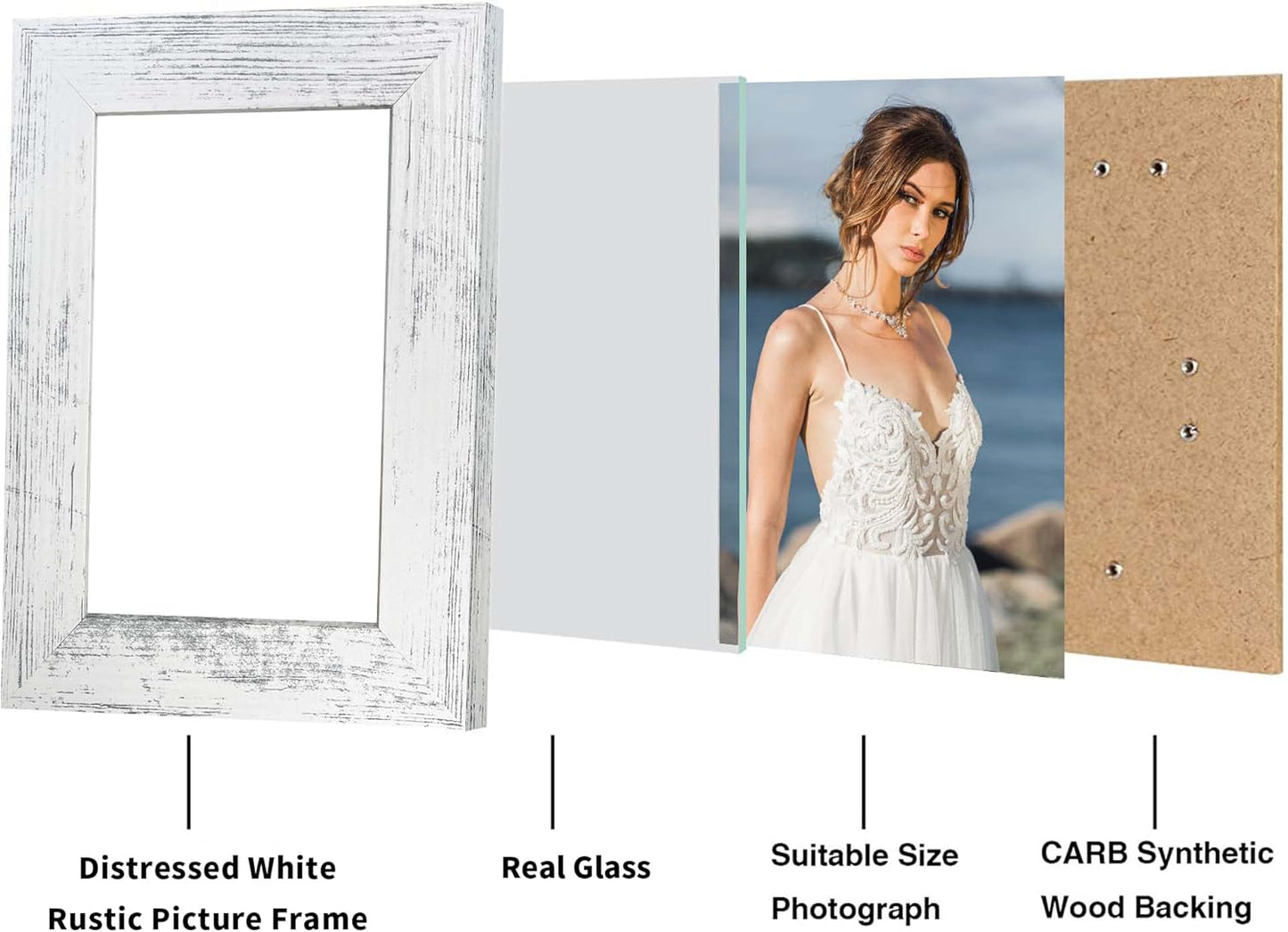 iRahmen 5x7 Picture Frame Set of 4, High Definition Glass Distressed White Frame, 5 x 7 Wood Photo Frames for Tabletop Display and Wall Mounting