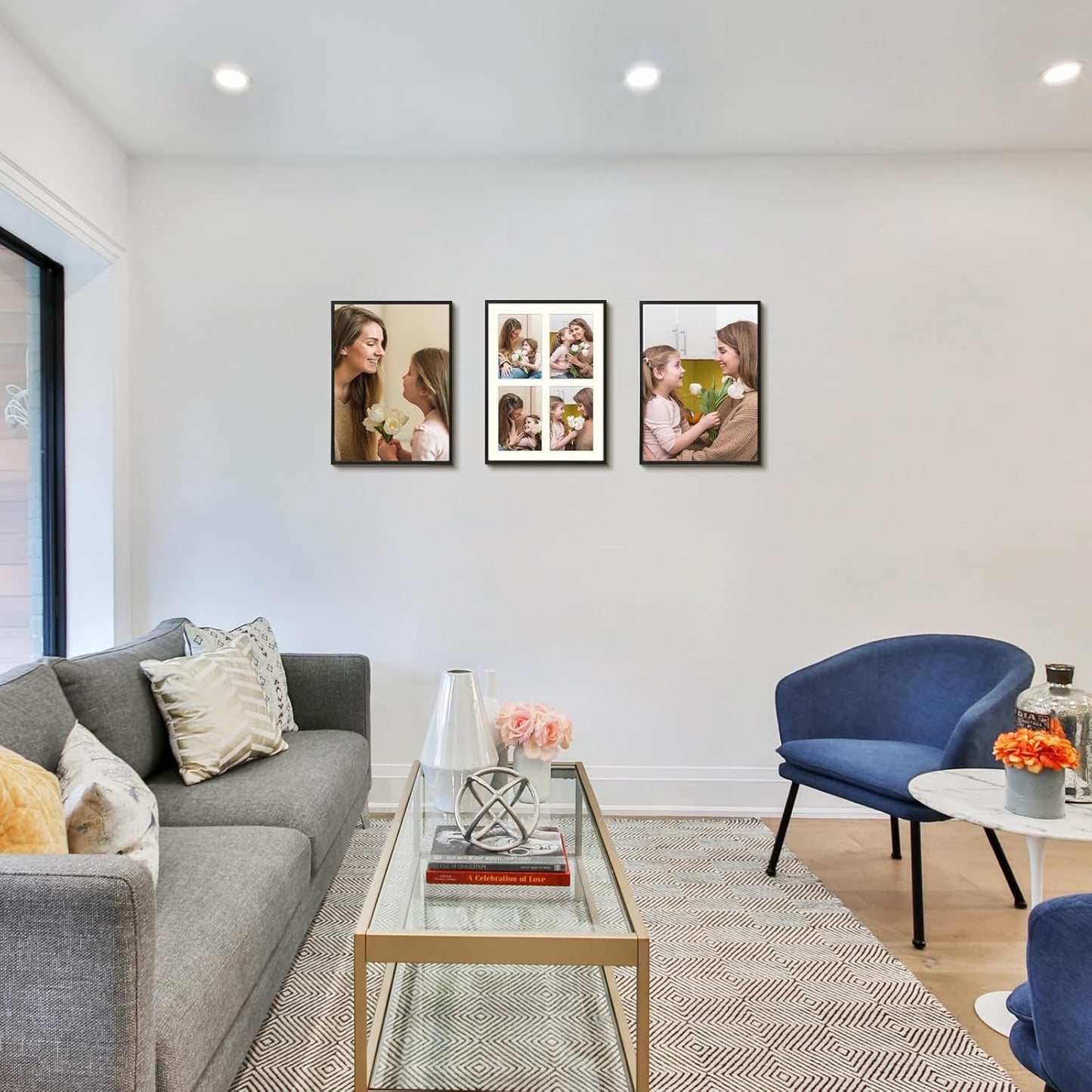 Frametory - 12x16 Aluminum Collage Picture Frame - Display 5x7 Pictures with 4 Openings Mat - Real Glass Front - Horizontal/Vertical Wall Mount - Black 1 Pack