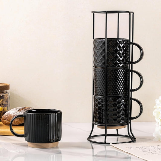 GBHOME 12OZ Stackable Coffee Mugs with Stand, Ceramic Coffee Mugs with Texture Patterns for Man,Woman,Dad,Mom, Modern Coffee Cups Set of 4 for Latte/Cappuccino/Cocoa. Dishwasher&Microwave Safe,Black
