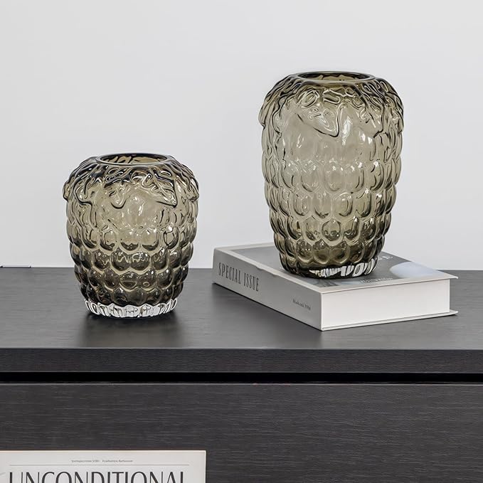 Grape Bubble Glass Vase for Flowers, Large Vintage and Clear Black Colored Smoke Glass Vases for Modern Home Decor (Crystal Grey 6.5" W X8.7 H)