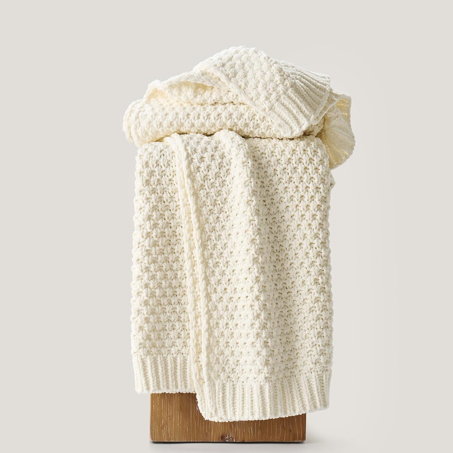 EVERGRACEHOME Chunky Chenille Knit Throw Blanket for Couch, Soft Luxurious Moss Stitch Blankets for Bed, Cozy Decorative Farmhouse Knitted Throws for Sofa, Ivory White, 50" x 60"