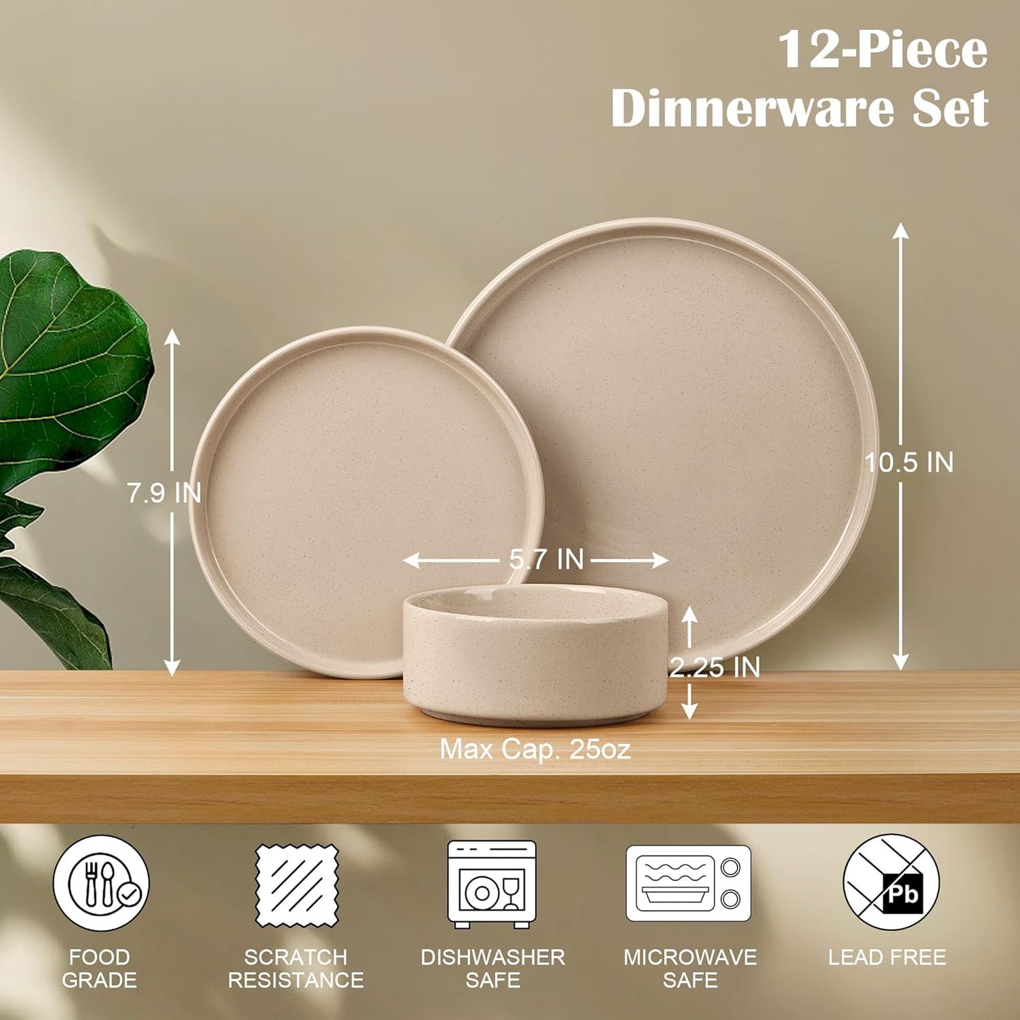 E-far Stoneware Dinnerware Sets, 12-Piece Plates and Bowls Dish Set for 4, Kitchen Modern Dinning Ware, Chip and Scratch Resistant, Microwave & Dishwasher Safe, Speckled Khaki