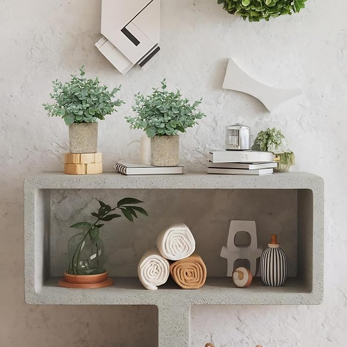 2 Pack Small Fake Plants, Artificial Eucalyptus with Gray Paper Pulp Pots, Small Potted Faux Greenery for Home Decor Indoor, Bathroom, Shelf, Office, Desk, Farmhouse Room Decoration