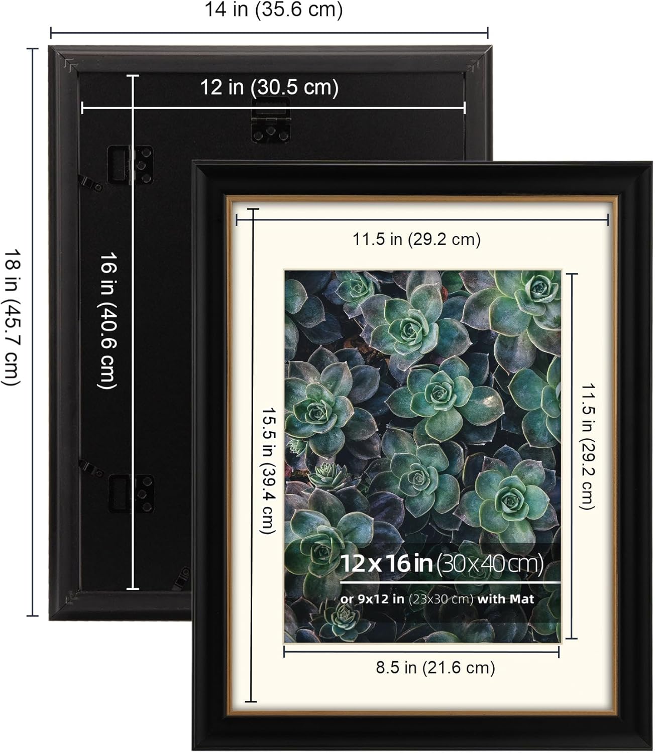 Eitida12x16 in 2 Pack Solid Wood Black and Gold 2 Tone Vintage Antique Retro Poster Picture Frame, Matted for 9x12 Photos, Drawings, Art Prints, Vertical or Horizontal Display, Gold Border