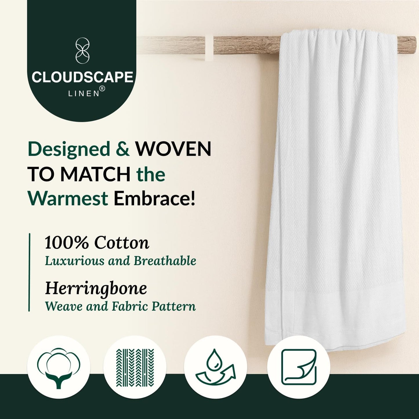 Herringbone Cotton Twin Blanket for Couch, Bed,Sofa, Home Decor, Soft, Lightweight, All-Season Bed Blanket, 68 x92, White