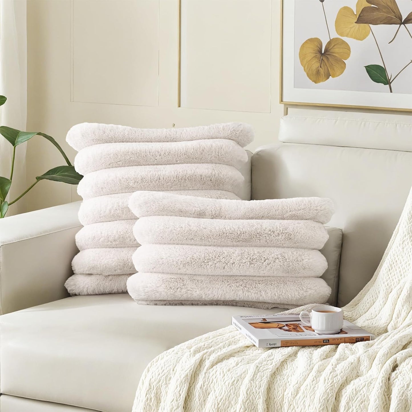 HAUSSY Faux Fur Throw Pillow Covers 22x22 Inch Set of 2,Decorative Striped Neutral Pillow Cases Soft Plush Couch Pillow Covers,Home Decor for Sofa,Bed, Living Room,Beige