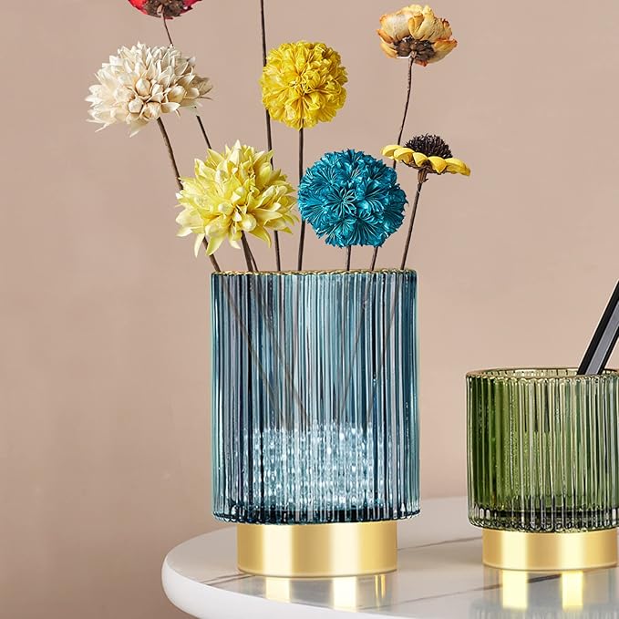 Glass Vase, Gold-Tone Metal Base, Flower Vase Decorative for Home Office Wedding Holiday Party Celebrate. Glass Plant Vase