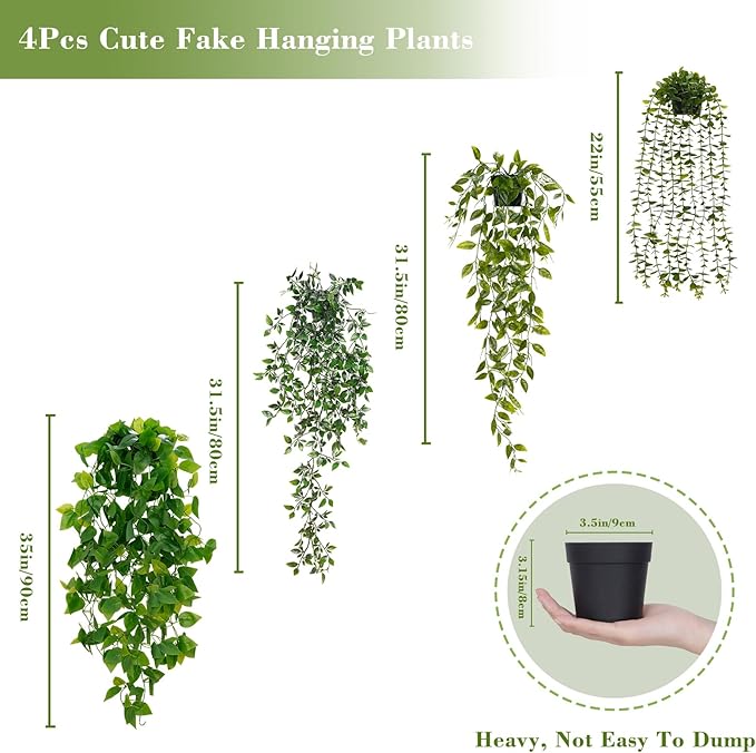 BLEUM CADE Fake Hanging Plants Mixed Set, 4pcs Artificial Hanging Plant, Faux Hanging Potted Plants Greenery for Wall Shelf Home Living Room Indoor Outdoor Decor