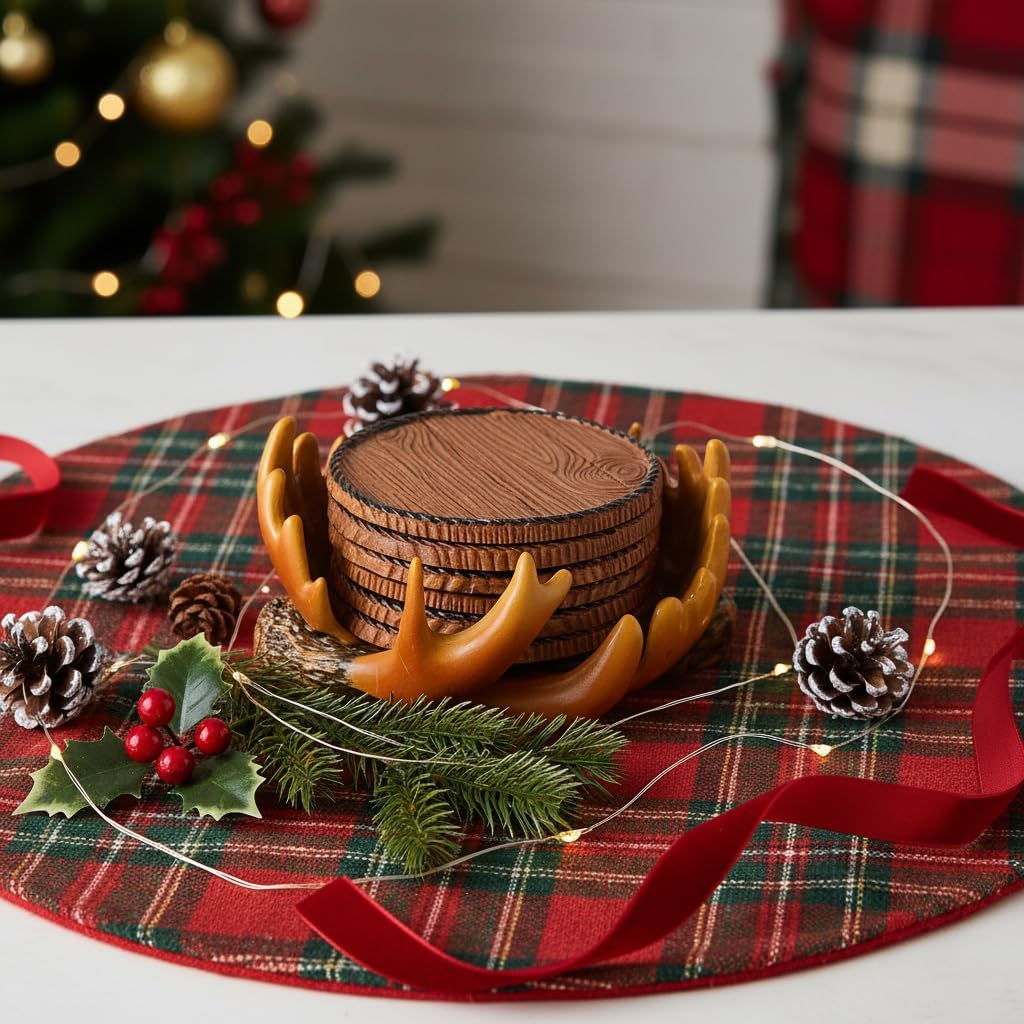 Deer Antler Coasters - 6 Full-Size Rustic Wooden Coasters | Non-Slip for Log Cabin, Hunting, Man Cave, Bar & Farmhouse Decor | Protect Furniture