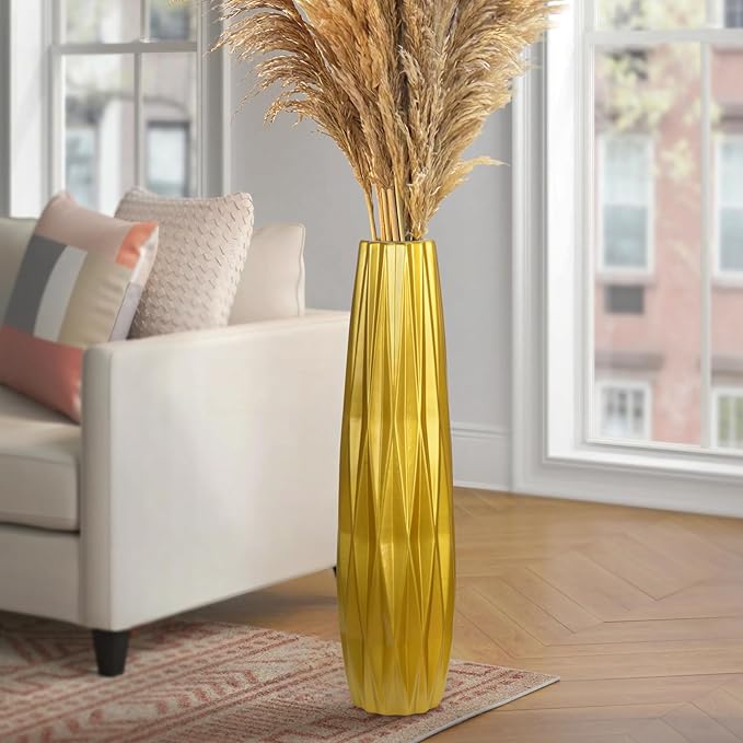 Gold Ceramic Tall Floor Vase,28 Inch Large Modern Flower Vases for Home Décor,Wicker Big Floor Vase Decorations for Farmhouse, Living Room,Bedroom,Standing Plastic Vase Decorative Tall