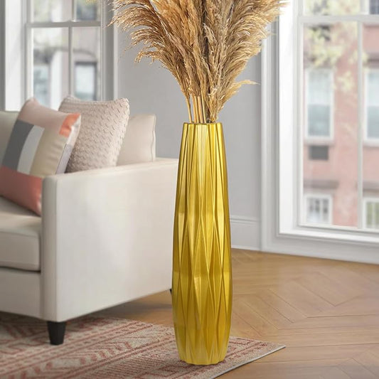 Gold Ceramic Tall Floor Vase,28 Inch Large Modern Flower Vases for Home Décor,Wicker Big Floor Vase Decorations for Farmhouse, Living Room,Bedroom,Standing Plastic Vase Decorative Tall