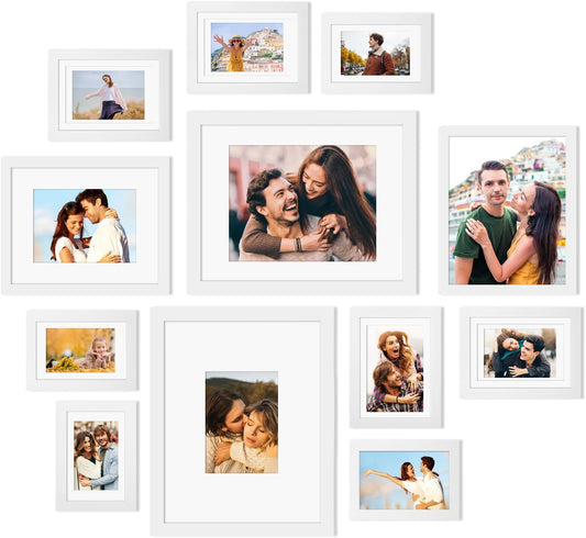 Egofine Picture Frame Set 12 Pack, Picture Frames Collage Wall Decor with Two 11x14, Two 8x10, Four 5x7, Four 4x6, Photo Frames for Wall and Tabletop, Made of Solid Wood, Covered by Plexiglass, White