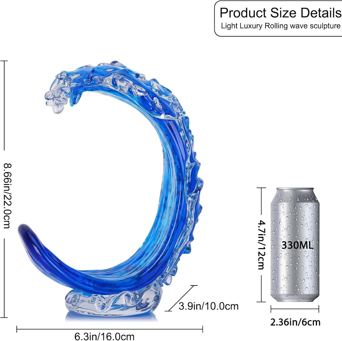 LCCCK Blue Glass Beach House Decor, Hand Blown Ocean Wave Decorate, Tall Blue Glass Sculpture Home Decor, Ocean Wave Fused Art Figurines, for Sea Art Beach Coastal Nautical Office Surfers Gifts