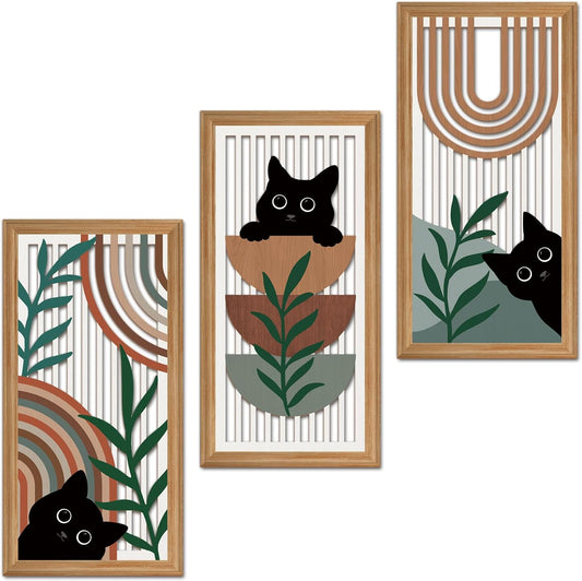 IARTTOP 3 Pcs Boho Black Cat Wall Decor Abstract Geometric Wood Wall Art Bohemian Cat Hanging Decor Mid Century Modern Artwork Decoration for Farmhouse Bedroom Living Room 7.9 x15.8 Inch