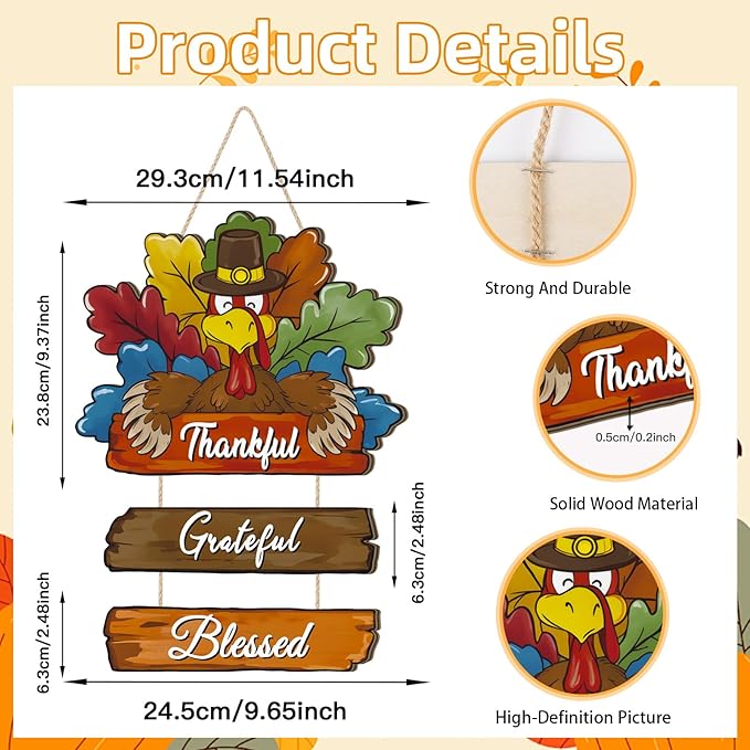 Thanksgiving Day Wood Door Hanger,Turcky Wall Sign,Fall Thankful Sign,Autumn Wooden Sign,Grateful for Harvest Wall Plaque,Thanksgiving Turkey Door Decorations for Home Porch Indoor Outdoor Party
