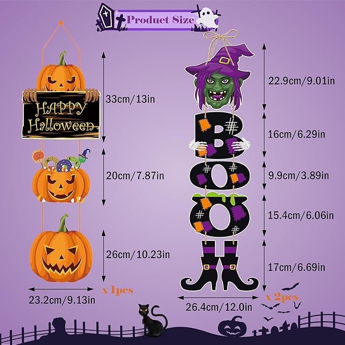 3Pcs Halloween Witch Hanging Decorations, Witch Pumpkin Door Decorations, Happy Halloween Sign Decoration Welcome Sign Hanging Ornaments for Home Wall Door Decor Party Supplies