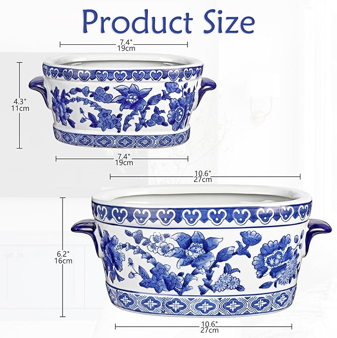 Blue and White Ceramic Planter Pot – Vintage Floral Oval Cachepot Vase for Indoor Plants, Flowers & Succulents – Glazed Chinese Porcelain Style Decorative Bowl – 7.4" or 10.6" Size – No Drainage