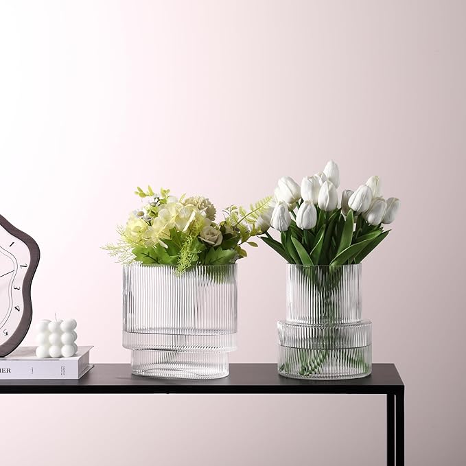 Ribbed Glass Vases, Set of 2 Fluted Vases for Flowers, Clear Vase for Tulips, Modern Glass Vase for Living Room, Dining Table, Office, Entryway, Mantle, Bookshelf, Wedding Gifts