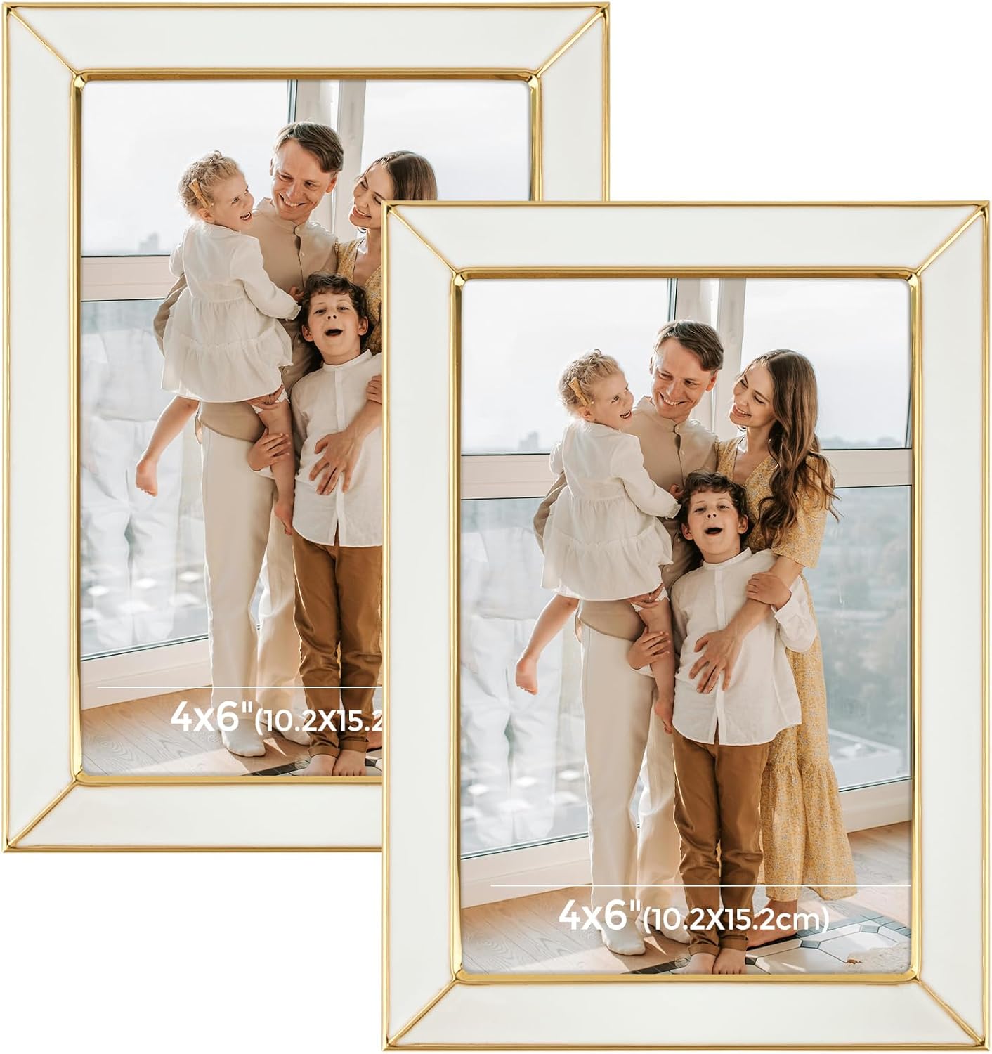 Frametory Enamel Picture Frame - 4x6 Gold Metal Edge White Enamel Picture Frame With Easel and Velvet Back for Tabletop Display, Bookshelf, 4x6 Wall Decoration, Photo Frames-2 Set