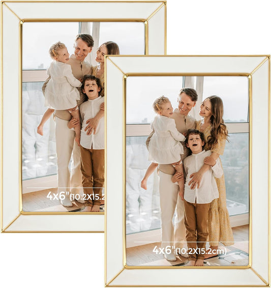 Frametory Enamel Picture Frame - 4x6 Gold Metal Edge White Enamel Picture Frame With Easel and Velvet Back for Tabletop Display, Bookshelf, 4x6 Wall Decoration, Photo Frames-2 Set