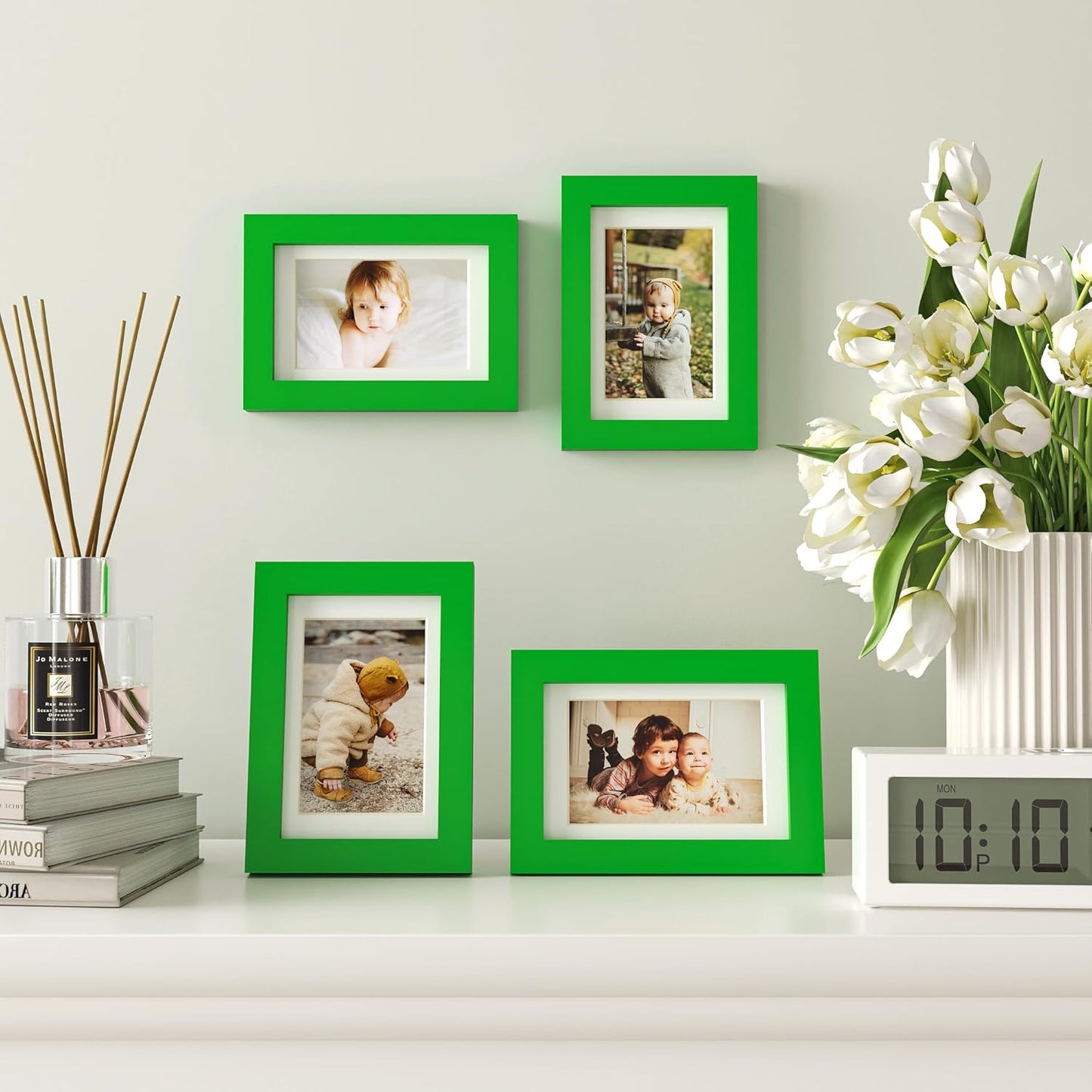 KINLINK 4x6 Frame Green Grass, Solid Wood 4 x 6 Picture Frame with Acrylic Plexiglass for 3.5x5 with Mat, Tabletop and Wall Display Photo Frames 4x6 Green Bright, 4 Pack