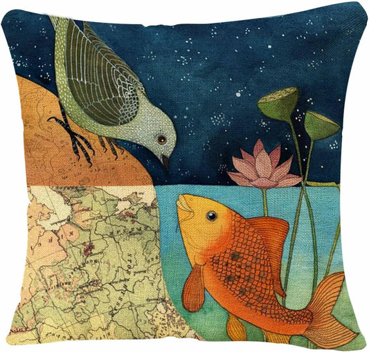 IBILIU Throw Pillow Covers Bird and Fish in The Two World Forever Cushion Pillow Case Home Decor Pillowcase 18x18 Inches