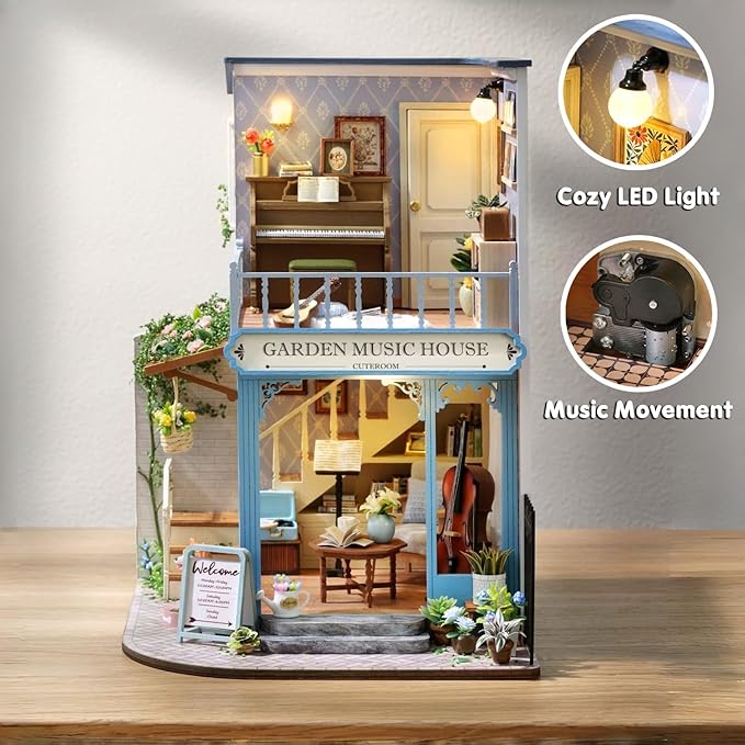 TuKIIE DIY Miniature House Kit with Furniture, 1:24 Scale Creative Room Wooden Mini Dollhouse Plus Dust Proof & Music Movement for Kids Teens Adults(Symphony of Bliss)