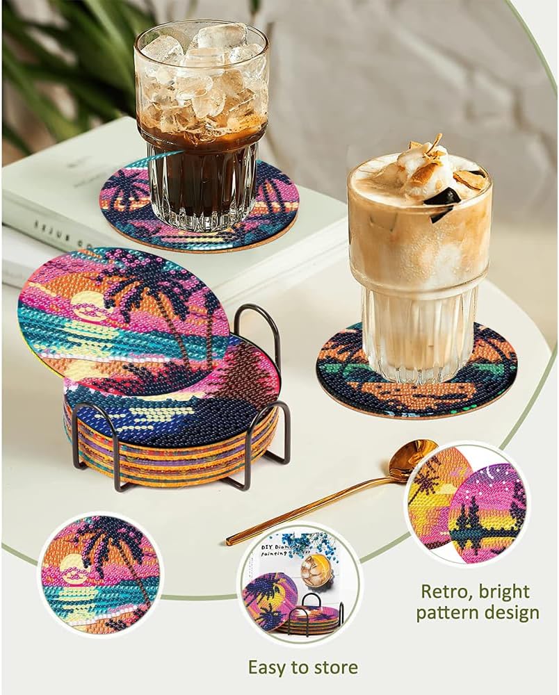 Clendo 8Pcs Diamond Painting Coasters Kits, DIY Landscape Diamond Art Coaster Kits with Holder, Small Diamond Painting Kits for Adults & Kids Art Craft Supplies