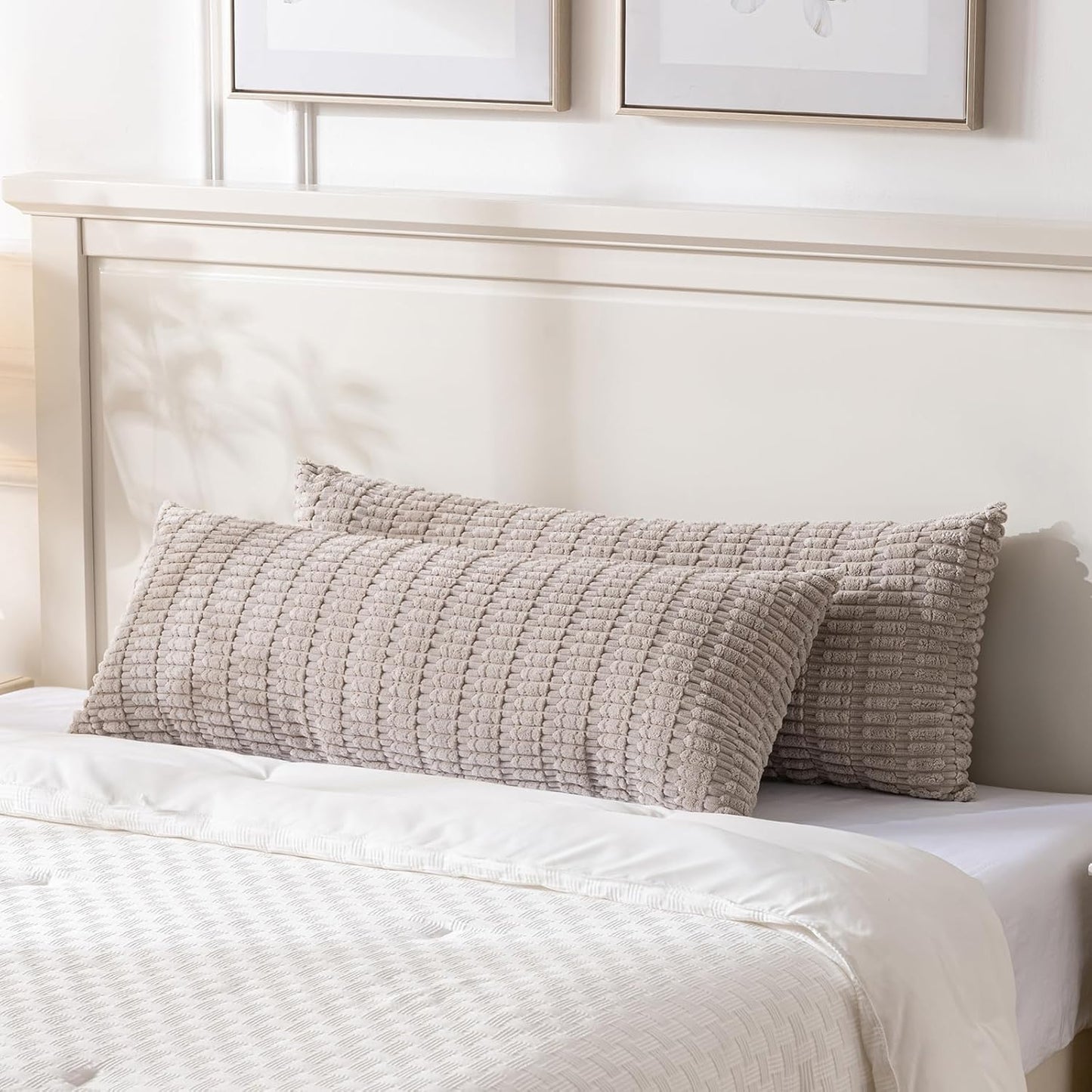 Fancy Homi Taupe Long Lumbar Decorative Throw Pillow Covers 20x54 Inch for Bed Couch Bed Sofa, Rustic Farmhouse Boho Room Decor, Soft Striped Corduroy Rectangle Cushion Case 50x137 cm