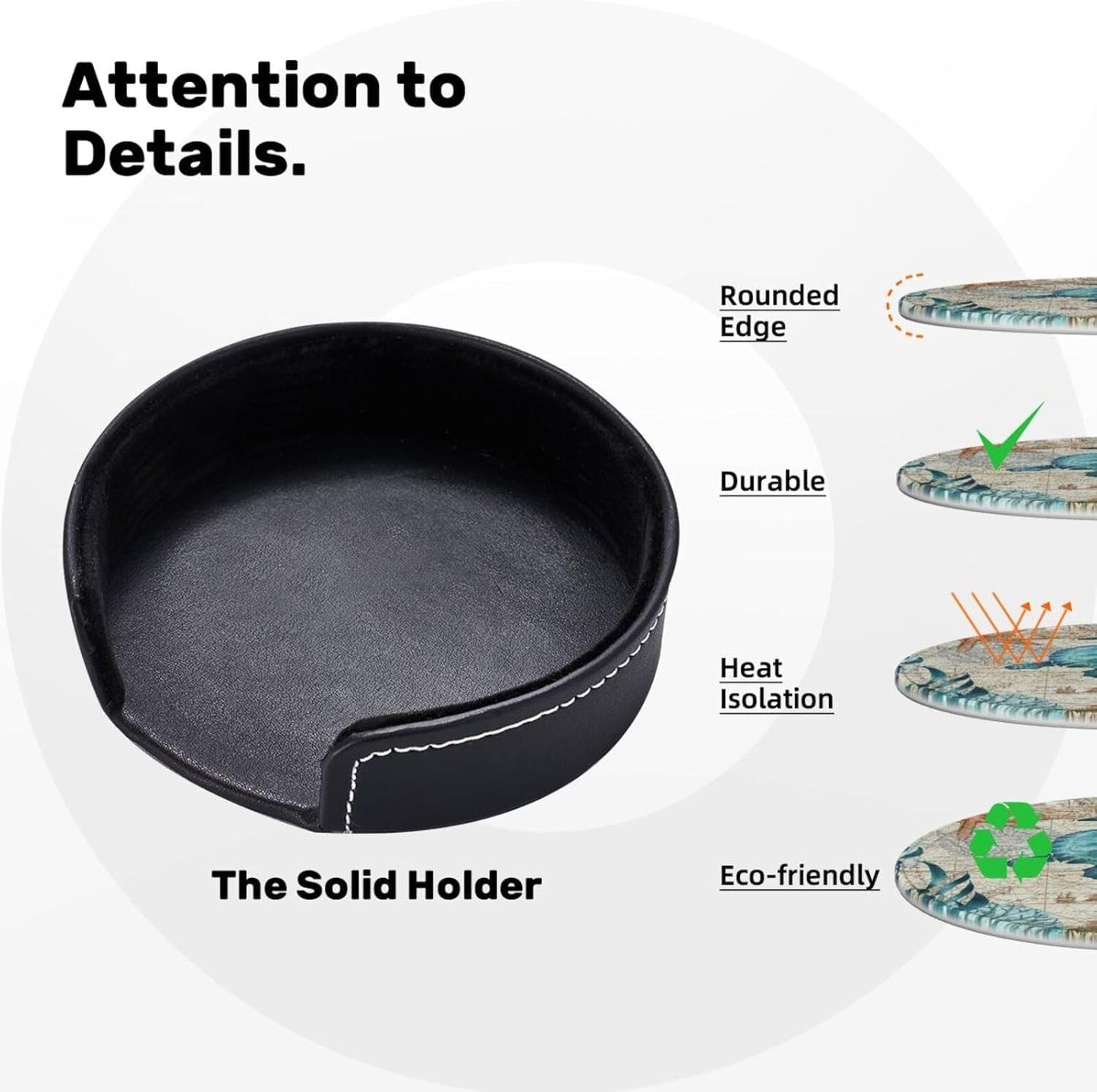 Drink Coasters with Holder Stand Set of 6, Sea Turtle Pu Leather Absorbent Coasters with Cork Base Table Coaster Round Coasters for Housewarming Apartment Kitchen Bar Decor