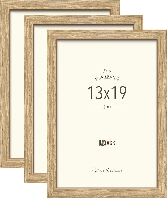 VCK 13x19 Poster Frame Beige Oak, Natural Solid Wood Picture Frames 3 Pack with Polished Plexiglass, Wall Hanging