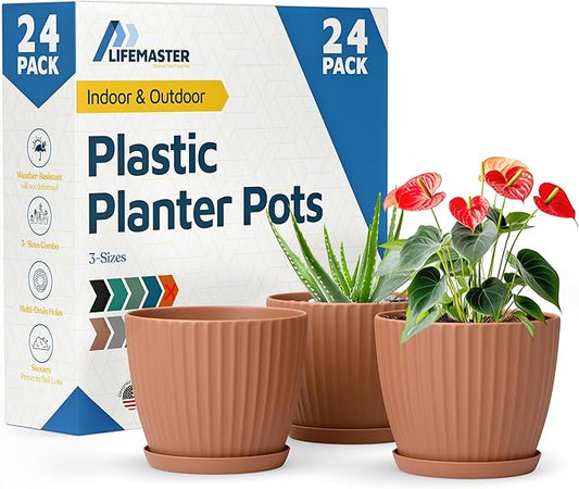 Terracotta 6-Inch Plant Pots with Drainage & Saucers 24 Pack, Indoor & Outdoor Planters for Houseplants, Herbs, and Flowers, Durable & Weatherproof Material, Stackable, Lightweight, Minimalist Design