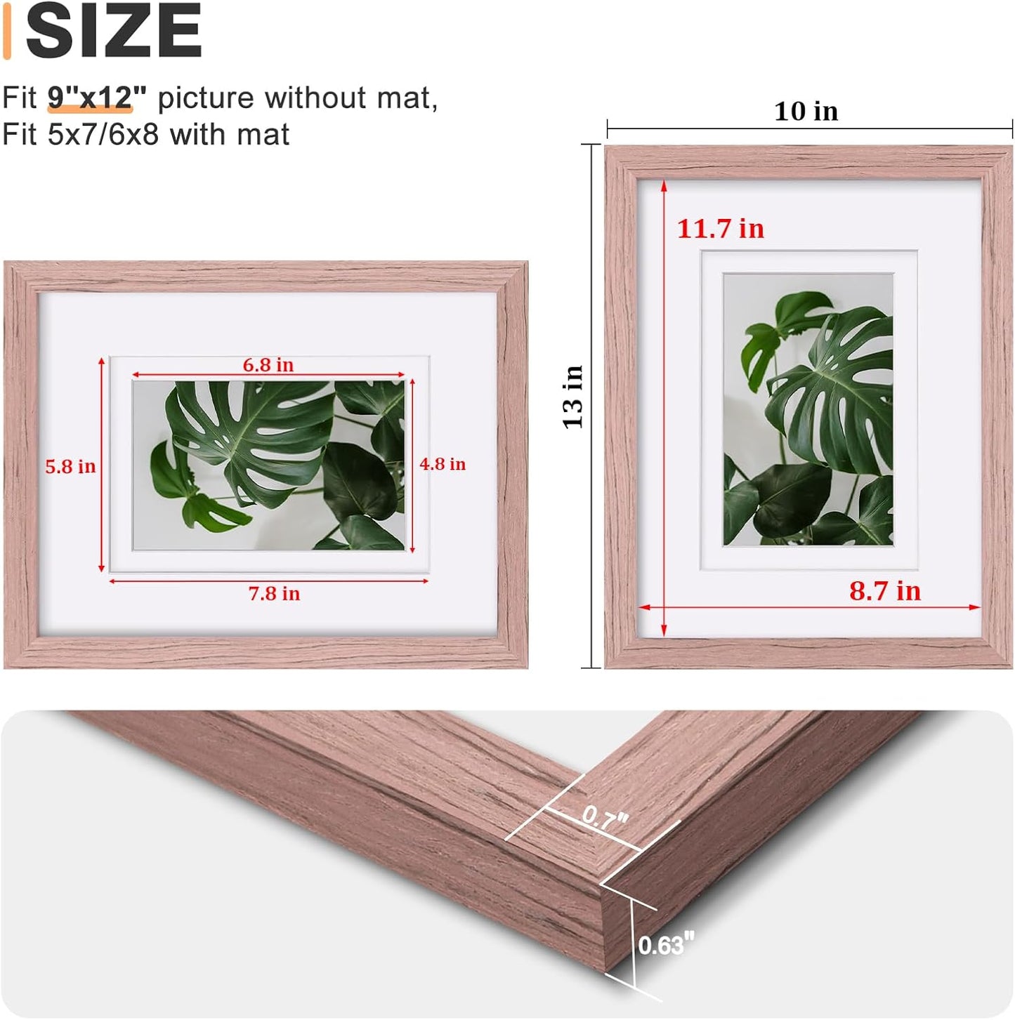 Egofine 9x12 Picture Frames Set of 4, Made of Solid Wood Covered by Plexiglass 5x7 and 6x8 with Mat or 9x12 without Mat, for Table Top Display and Wall Mounting Photo Frame Peach Pink