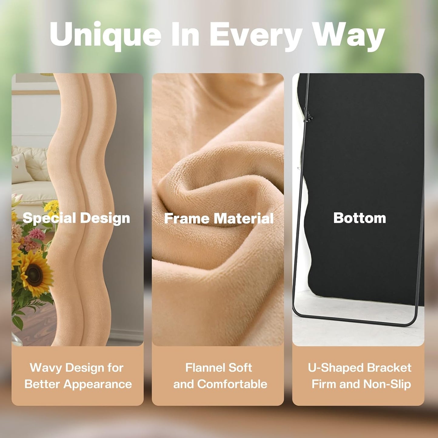 Full Length Mirror 71"x30" Irregular Wavy Full Body Wall Mounted Floor Mirror with Stand Milk Tea Flannel Frame Leaning Hanging Wall for Bedroom Entrance Hallway