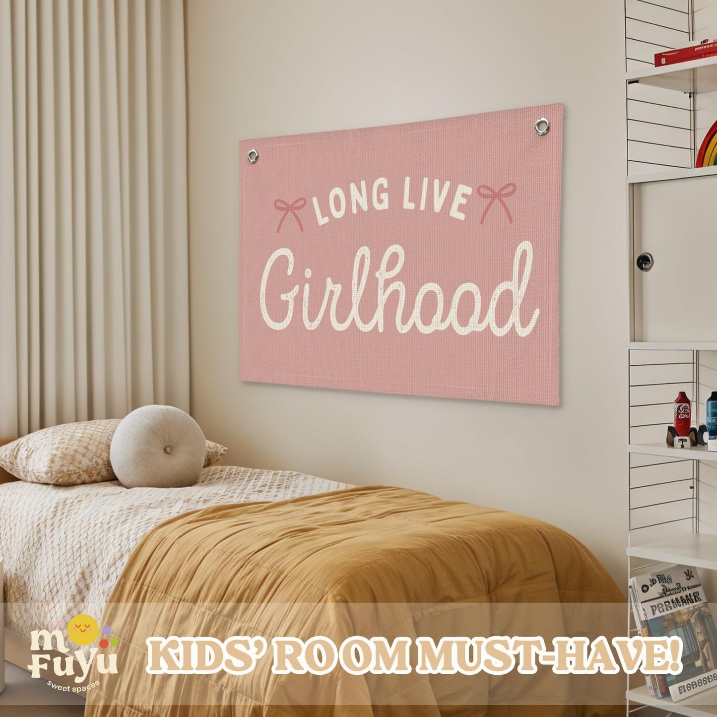 Girls Nursery Decor,Long Live Girlhood Linen Canvas Banner,Boho Girls Room Decor – Coquette Pink Bow Wall Hanging for Nursery Bedroom 30x20 Inch