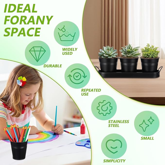 2 Sets Herb Planter with Tray Metal Herb Garden Planter with Drainage Farmhouse Windowsill Pots for Indoor Plants Flower Succulent Outdoor Kitchen Apartment Balcony Window (Black)