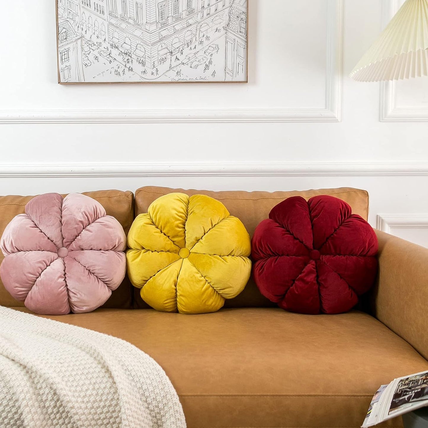 Flower Pillow Cushion Round Decorative Throw Pillow for Couch Bedroom Flower-Shaped Floor Cushion for Girls Kids (Wine Red, 15.7”)