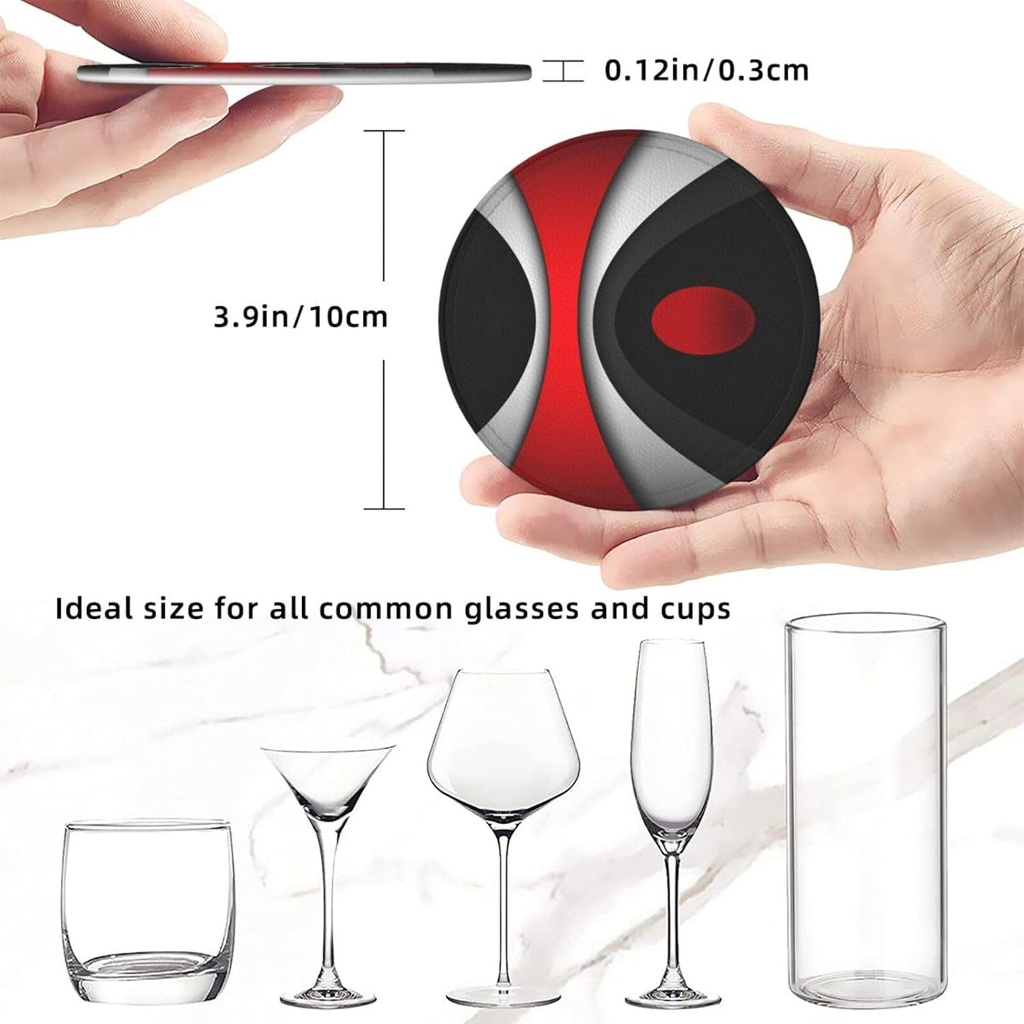 Black in Modern Abstract Red Leather Drinks Coasters with Holder, Set of 6, Suitable for Various Cups