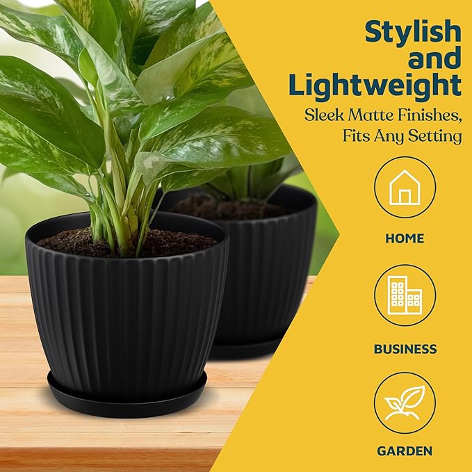 Black 6-Inch Plant Pots with Drainage & Saucers 18 Pack, Indoor & Outdoor Planters for Houseplants, Herbs, and Flowers, Durable & Weatherproof Material, Stackable, Lightweight, Minimalist Design