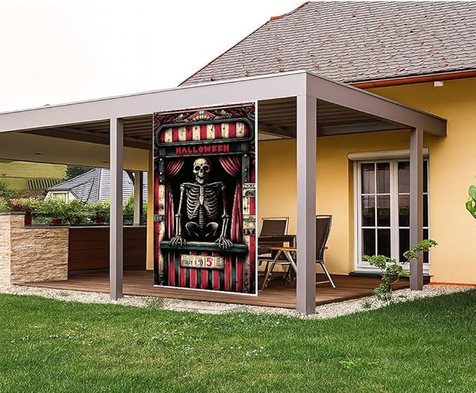 2D flat Skeleton Prison Halloween Door Banner Scary Horror Front Door Decorations for Halloween Party Indoor Outdoor Cover 71x35 Inch