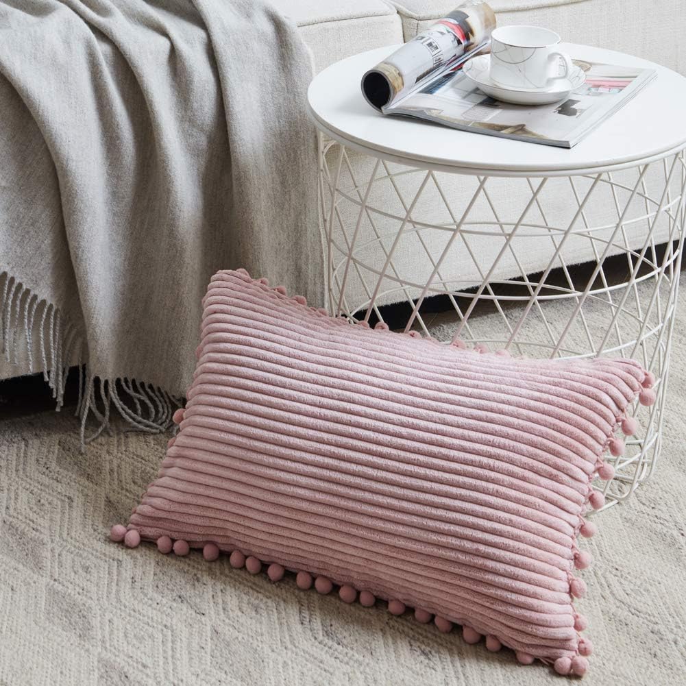 Fancy Homi Pack of 2 Boho Rectangle Decorative Throw Pillow Covers with Pom-poms, Soft Corduroy Accent Solid Cushion Case Set for Couch Sofa Bedroom Car Living Room (12x20 Inch/30x50 cm, Blush Pink)