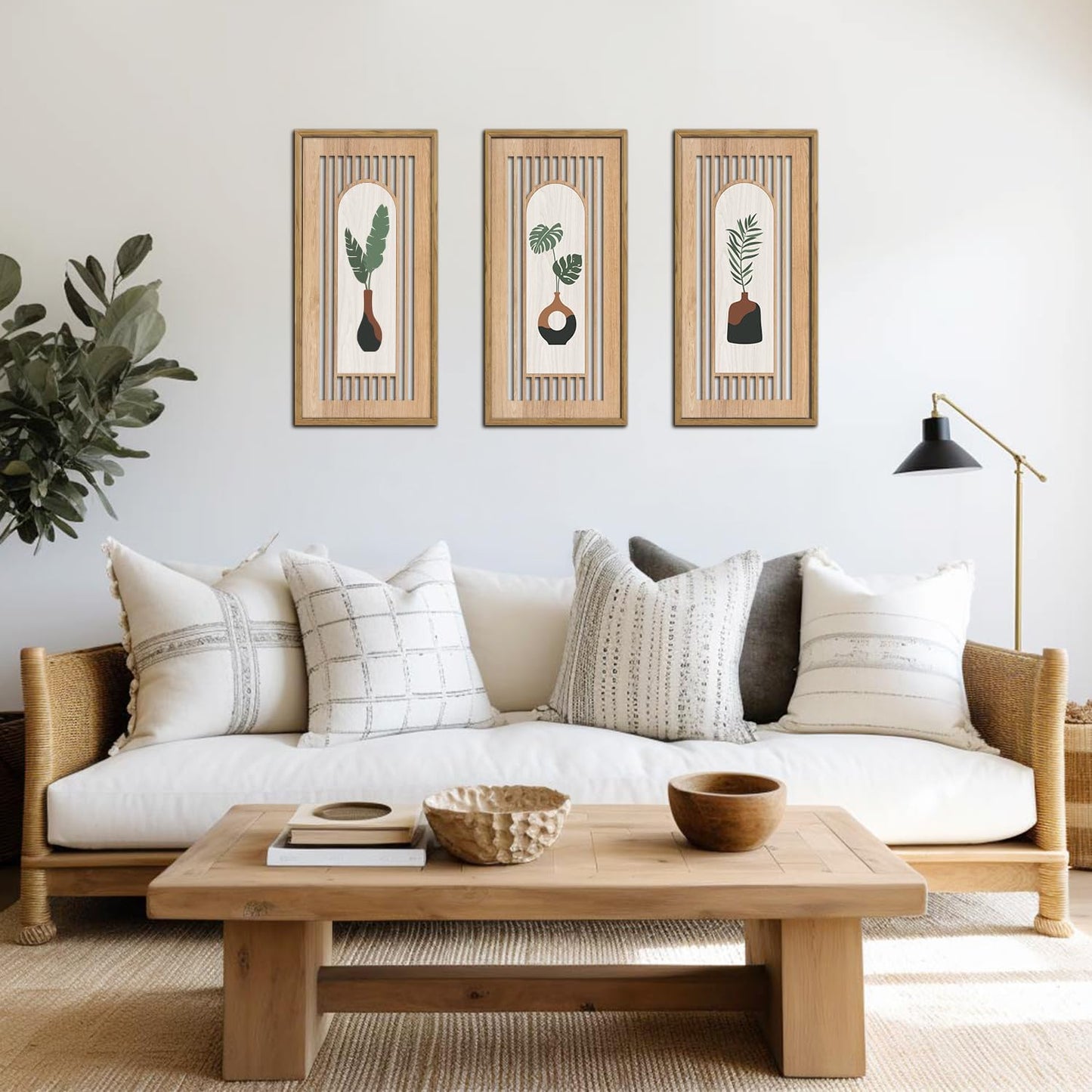 KAIRNE Boho Wooden Wall Art,Abstract Minimalist Wall Art Set of 3(8X16),Modern Aesthetic Botanical Artwork,Green Bohemian Decor,Mid-Century Design for Living Room Bedroom Office Farmhouse Decor,Framed