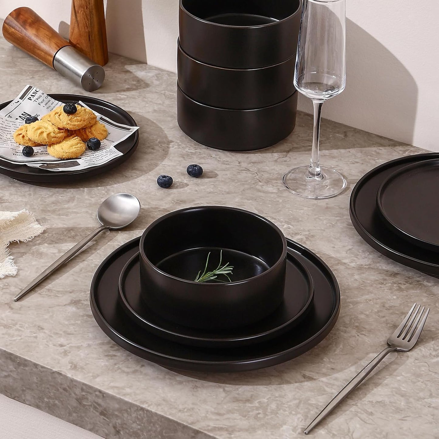 GZG Ceramic Salad Plates Set for 4,8 Inch Stoneware sets,Small Plates for Salads,Desserts,Appetizers,Microwave, Dishwasher,Oven Safe Serving Dish Set,Scratch Resistant,Matte Black