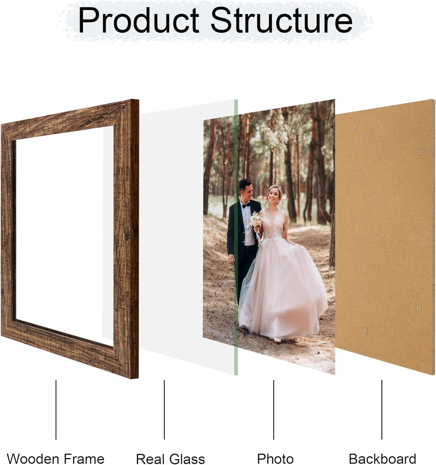 iRahmen 8x10 Picture Frame Set of 4, High Definition Glass Brown Frame, 8 x 10 Wood Rustic Picture Frames for Horizontal or Vertical Table Top and Wall Mounting