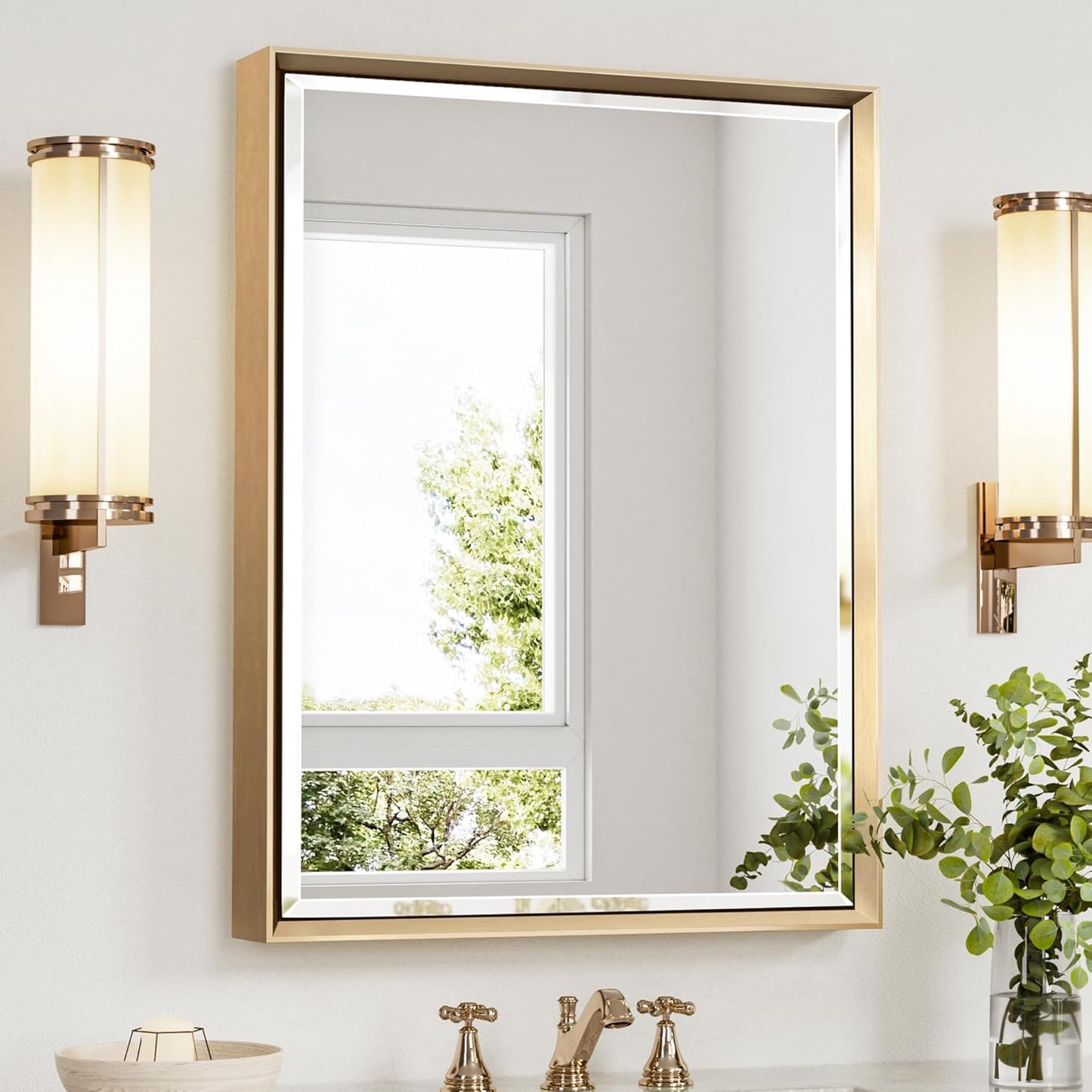 Gold Bathroom Mirror, 24x32 Brushed Gold Bathroom Mirror Beveled Edge, Gold Framed Rectangle Bathroom Vanity Mirror, Anti-Rust Brushed Brass Metal Frame Wall Mirror Vertical/Horizontal
