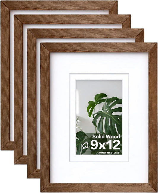 Egofine 9x12 Picture Frames Set of 4, Made of Solid Wood Covered by Plexiglass 5x7 and 6x8 with Mat or 9x12 without Mat, for Table Top Display and Wall Mounting Photo Frame,Walnut Brown
