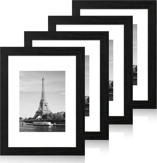iRahmen 9x12 Picture Frame Set of 4 with Tempered Glass, Black Frames Display 6x8 Picture with Mat or 9 x 12 Without Mat, Wood Photo Frames for Tabletop Display and Wall Mounting