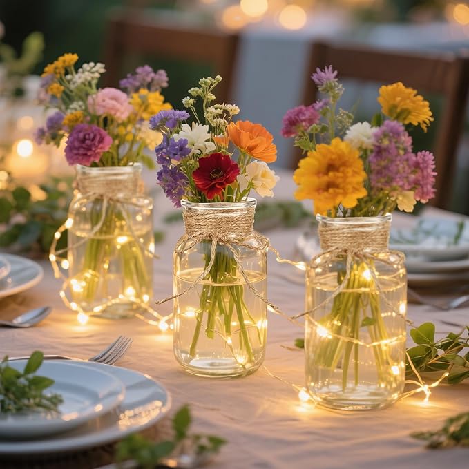 Vintage Glass Flower Vase Bulk 16 Pack Farmhouse Transparent Centerpiece Vases with Hemp Rope Mason Jars for Weddings Parties Dining Table Home Decor（Medium）